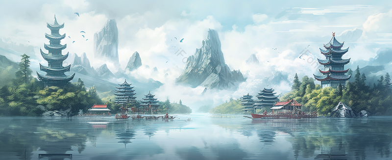 高山流水国潮风山水建筑意境插画,插画/手绘图,插画/手绘图库,插画/手绘图下载,插画/手绘